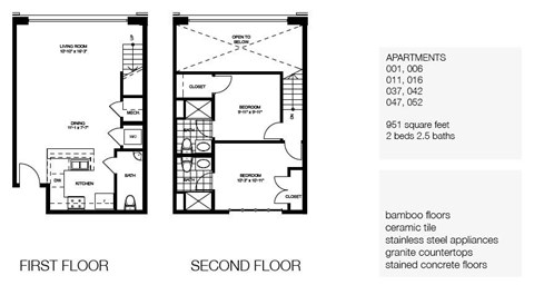 Floor plan for 2 beds, 2.5 baths, 950 sqft